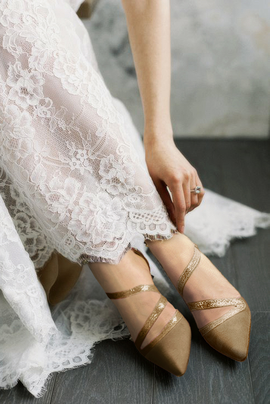 Camel beige and gold women's open side shoes, with snake-shaped straps. Pointed toe. High slim heel. Worn view - Florence KOOIJMAN